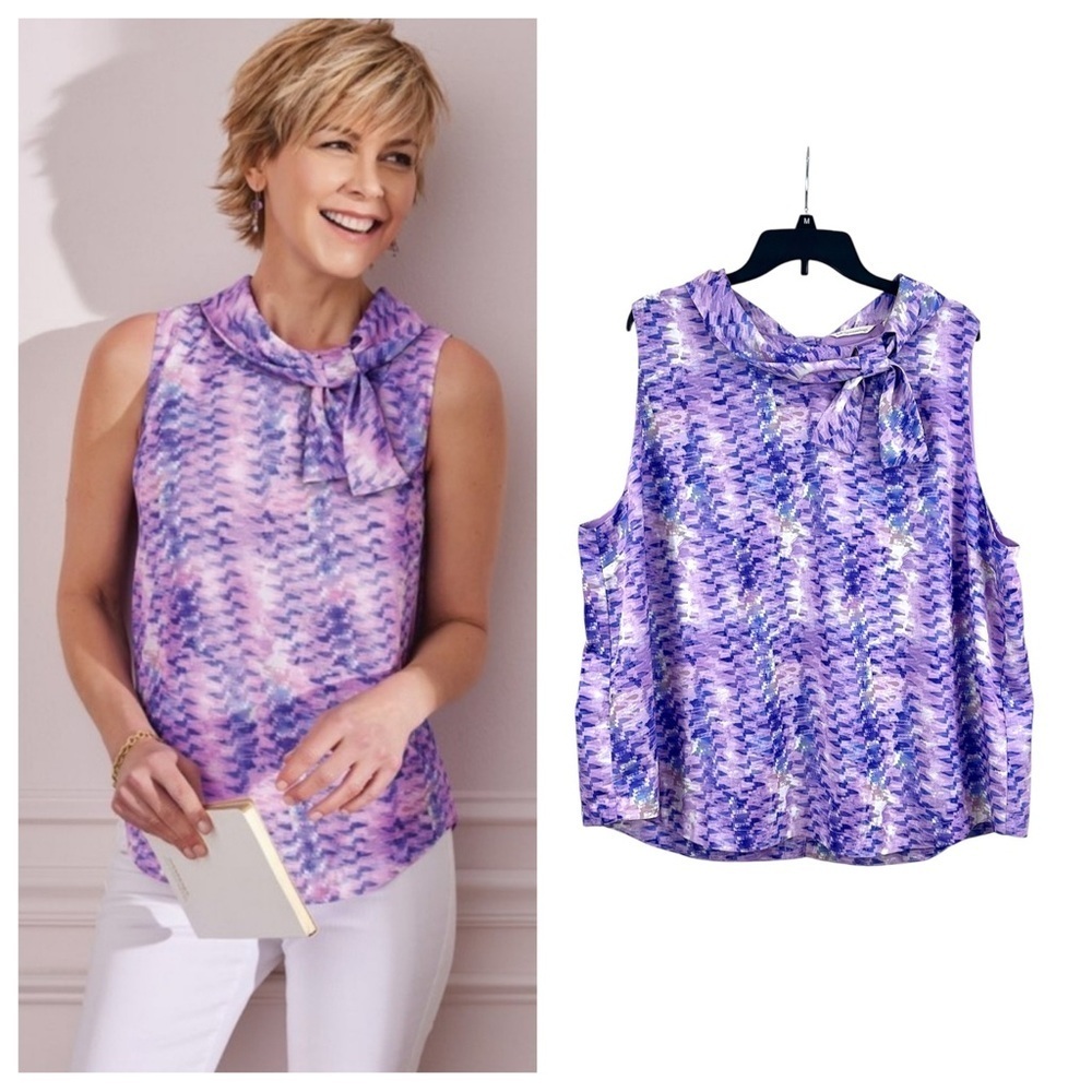 Soft Surroundings Purple Orchid Abstract Bow Tie Collar Sleeveless Adrie Blouse
